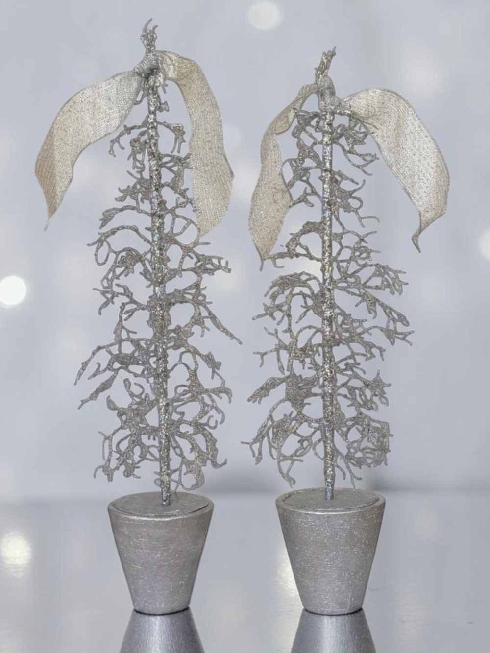 Set of 2 Raz Imports Metallic Silver Glittered Tabletop Twig Trees